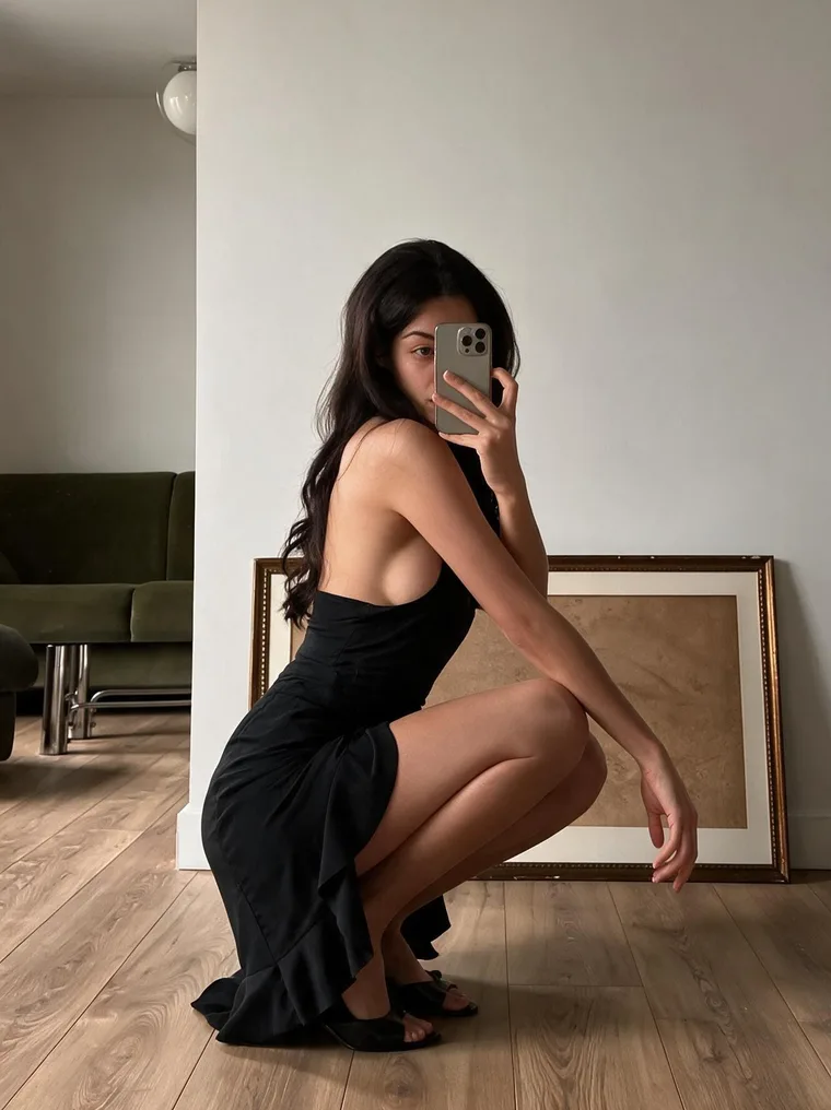 StarSmith-generated home portrait in a black dress